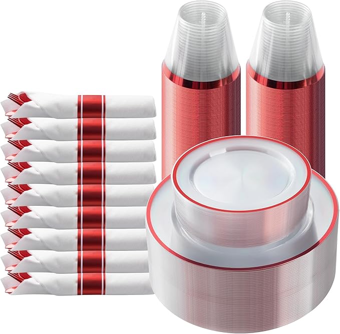 Goodluck 175 Piece Red Plastic Dinnerware Set for Party, Clear Disposable Plates for 25 Guests, Include: 25 Dinner Plastic Plates, 25 Dessert Plates, 25 Pre Rolled Napkins with Cutlery Set, 25 Cups