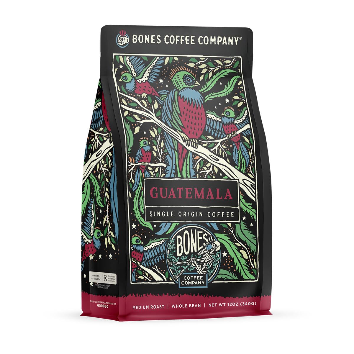 Bones Coffee Company Guatamela Single-Origin, Milk Chocolate, Citrus and Caramel Notes, Whole Coffee Beans, Low Acid Medium Roast Arabica Beans Flavored Coffee, 12 oz Whole Bean