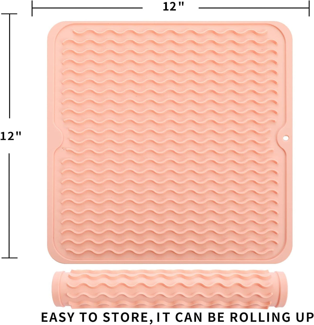 Silicone Dish Drying Mat for Multiple Usage,Easy clean,Eco-friendly,Heat-resistant Silicone Mat for Kitchen Counter or Sink,Refrigerator or Drawer liner Pink M 12 inches x 12 inches