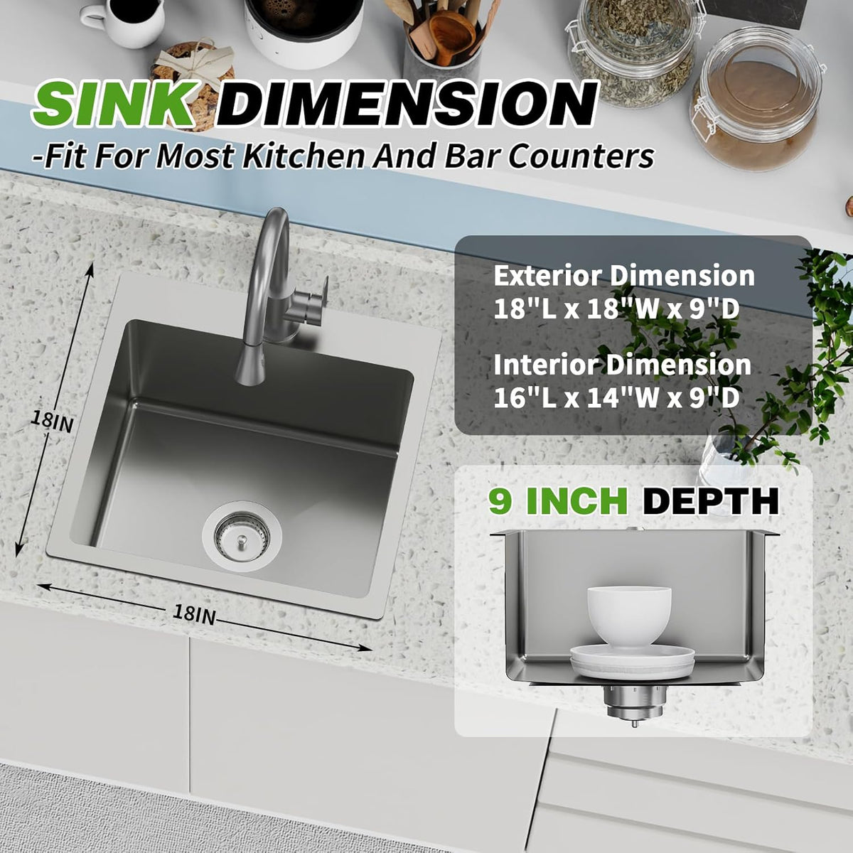 18x18 In Drop In Kitchen And Bar Sink- Stainless Steel Drop In Kitchen Sink Modern Single Bowl Topmount Bar Sink With Silicon Mat,Drain Strainer Set Compatibility With Various Kitchen & Bar Style