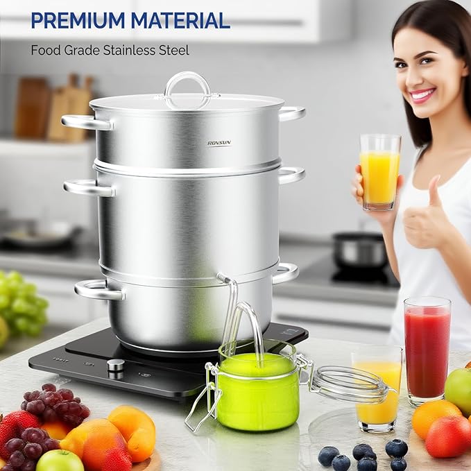 ROVSUN 8.5 Quart Juice Steamer Stainless Steel, Extractor Fruit Vegetables Juicer Steamer Pot, w/Tempered Glass Lid Clamp, Loop Handles, Ideal for Making Juice, Jelly, Pasta