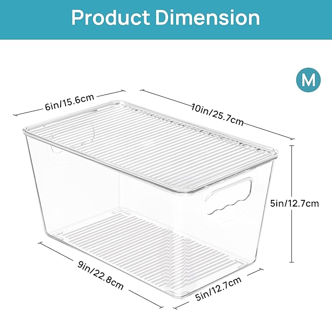 Vtopmart 6 Pack Clear Stackable Storage Bins with Lids, Medium Plastic Containers with Handle for Pantry Organizer and Storage,Perfect for Kitchen,Fridge,Cabinet, Closet,Bathroom Organization