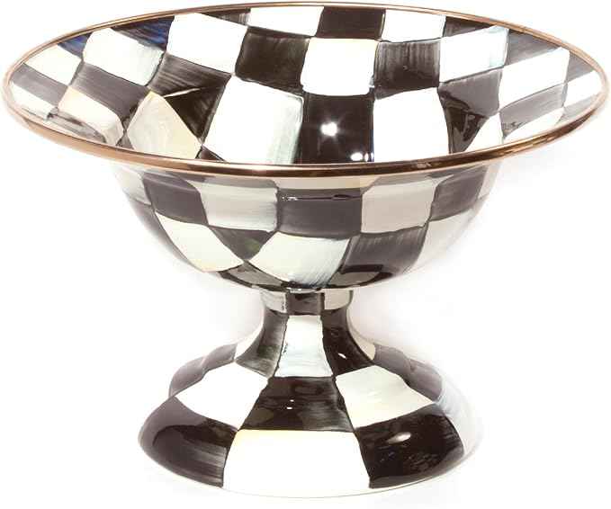 MACKENZIE-CHILDS Enamel Compote, Cute Enamel Pedestal Serving Dish or Decorative Bowl, Small, Black-and-White Courtly Check
