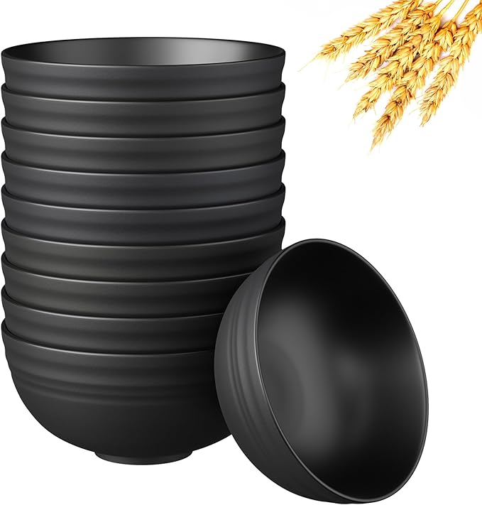Quatish 10 PCS Unbreakable Cereal Bowls,Dishwasher & Microwave Safe Wheat Straw Bowls, Easy-to-Clean Lightweight Snack & Soup Bowl,Multi-Color Portable for Picnics Plastic Bowls Set, Black
