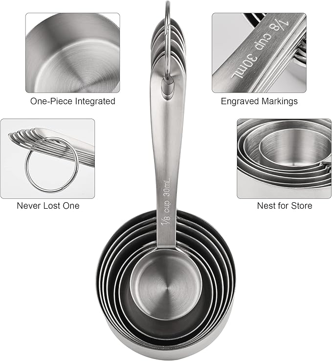 Measuring Cups and Spoons Set 17, 7 Stainless Steel Measuring Cup Set, 9 Spice Long Measuring Spoons with 1 Leveler for Kitchen and Baking, 18/8 Steel Dry Metric Measure Cups &Spoons Set