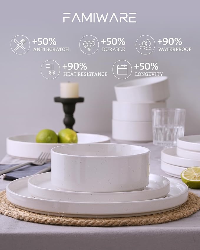 Famiware Nebula Plates and Bowls Set, 12 Pieces Dinnerware Sets, Dishes Set for 4, White with Colorful Speckles