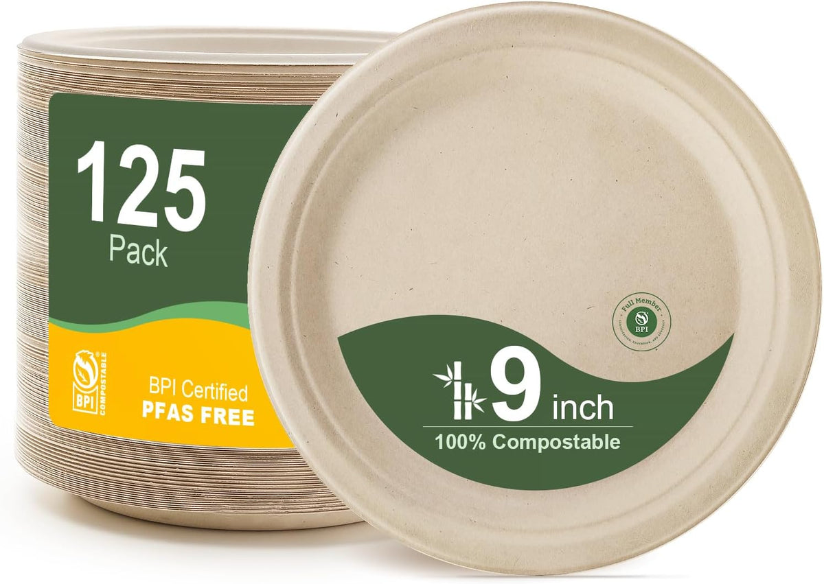 WELLIFE 100% Compostable Paper Plates 9 Inch, 125-Pack Heavy Duty Paper Plates Bulk,Biodegradable Bagasse,Eco-Friendly Disposable Dinner Plate for BBQ,Picnic,Party (BPI Certified,Microwaveable)