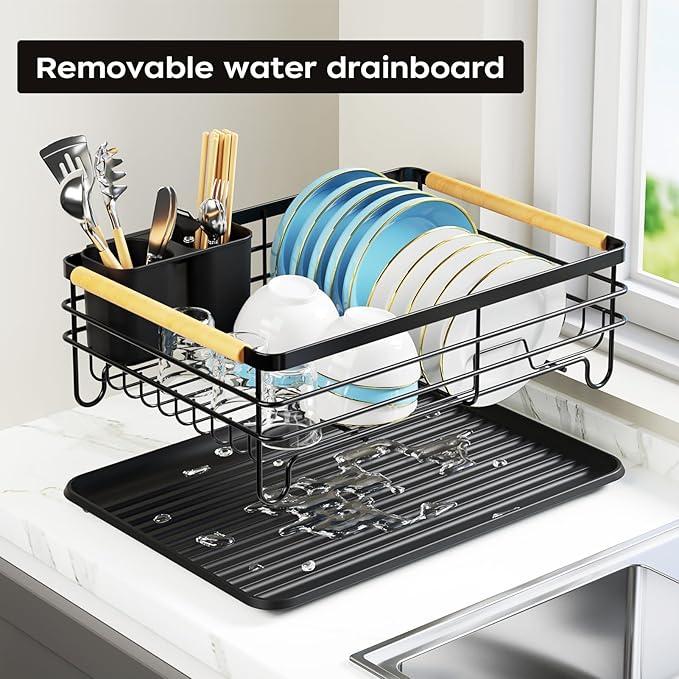 Dish Racks for Kitchen Counter: Wooden Handles, Thickened Metal, No Assembly. Small Dish Drying Rack: Ideal for Small Households. Drying Rack Kitchen: Black