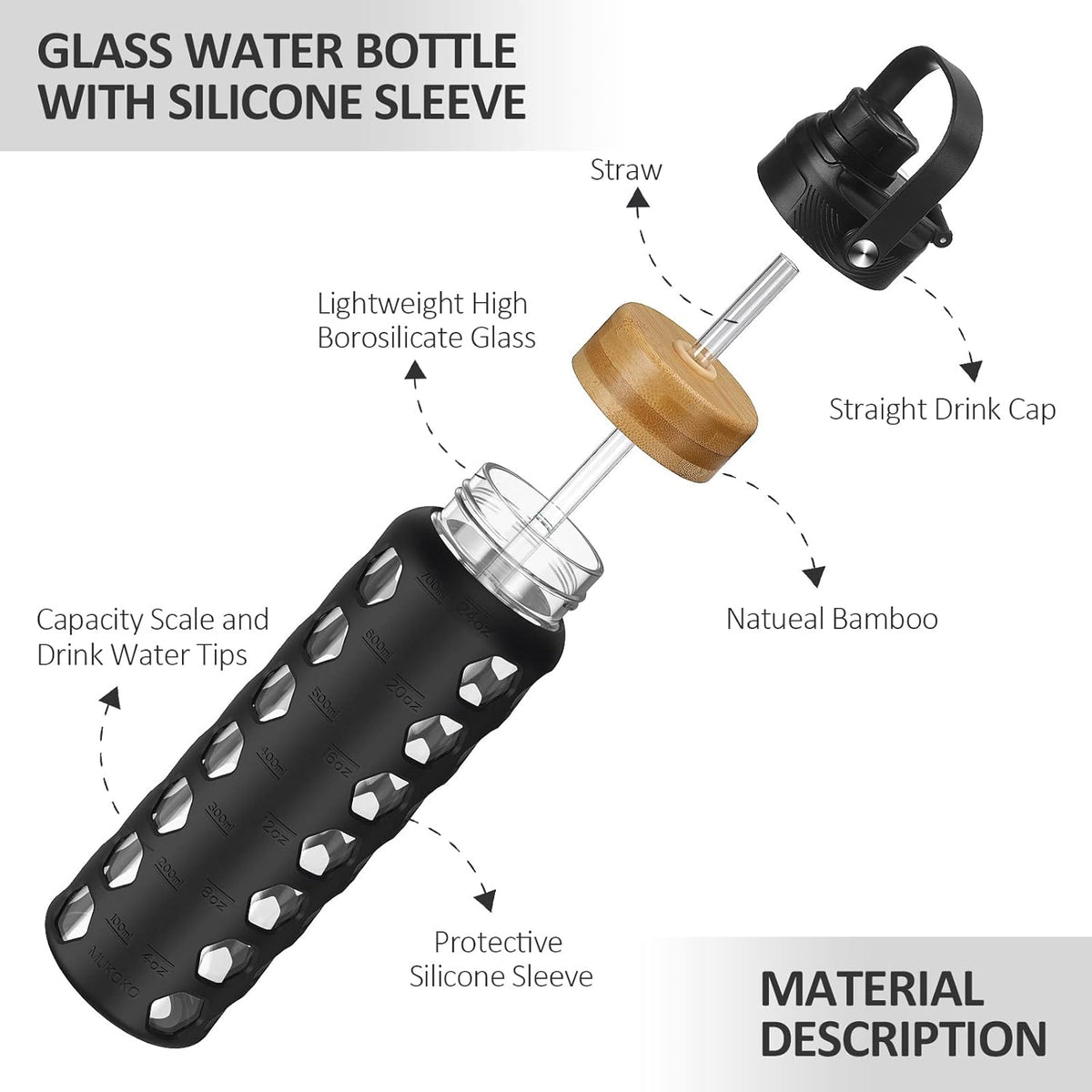 MUKOKO 24oz Glass Water Bottle with 2 Lids-Handle Flip Lid&Bamboo Straw Lid,Motivational Water Tumbler with Time Marker Reminder and Silicone Sleeve, Leakproof-Black