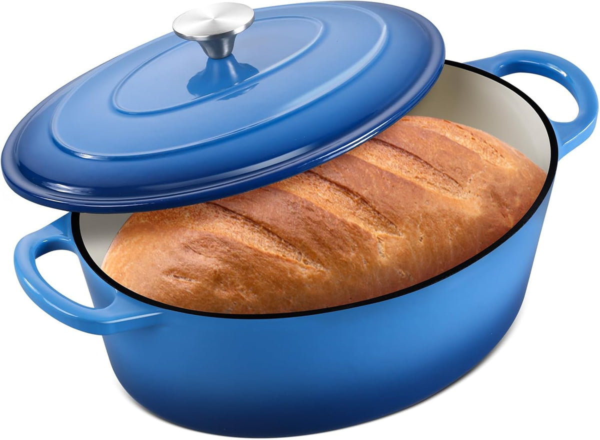 7 Quart Oval Dutch Oven with Lid, Leonyo 7QT Enameled Oval Cast Iron Dutch Oven for Sourdough Bread Breaking, Heavy Duty Cookware for Braising, Stews, Roasting, Blue