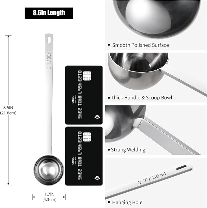 18/8 Stainless Steel Coffee Scoop, Doosu Food-Grade Metal Measuring Spoon with 6.9in Long Handle, Tablespoon Scooper for Coffee Beans, Ground Coffee, Espresso, Protein Powders, Tea, Sugar (2 Tbsp)