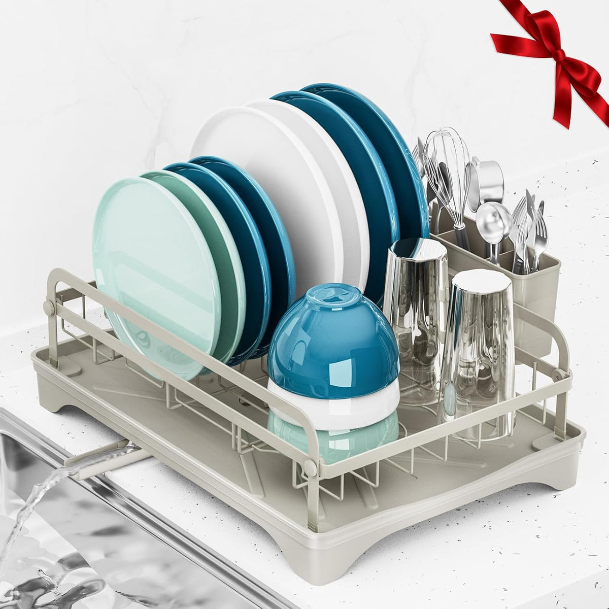 Dish Drying Rack Kitchen - Dish Racks for Kitchen Counter Space-Saving, Dish Drainer with Automatic Drain and Adjustable Spout, Dishwasher Rack with Cutlery Holder, Easy to Install, Grey
