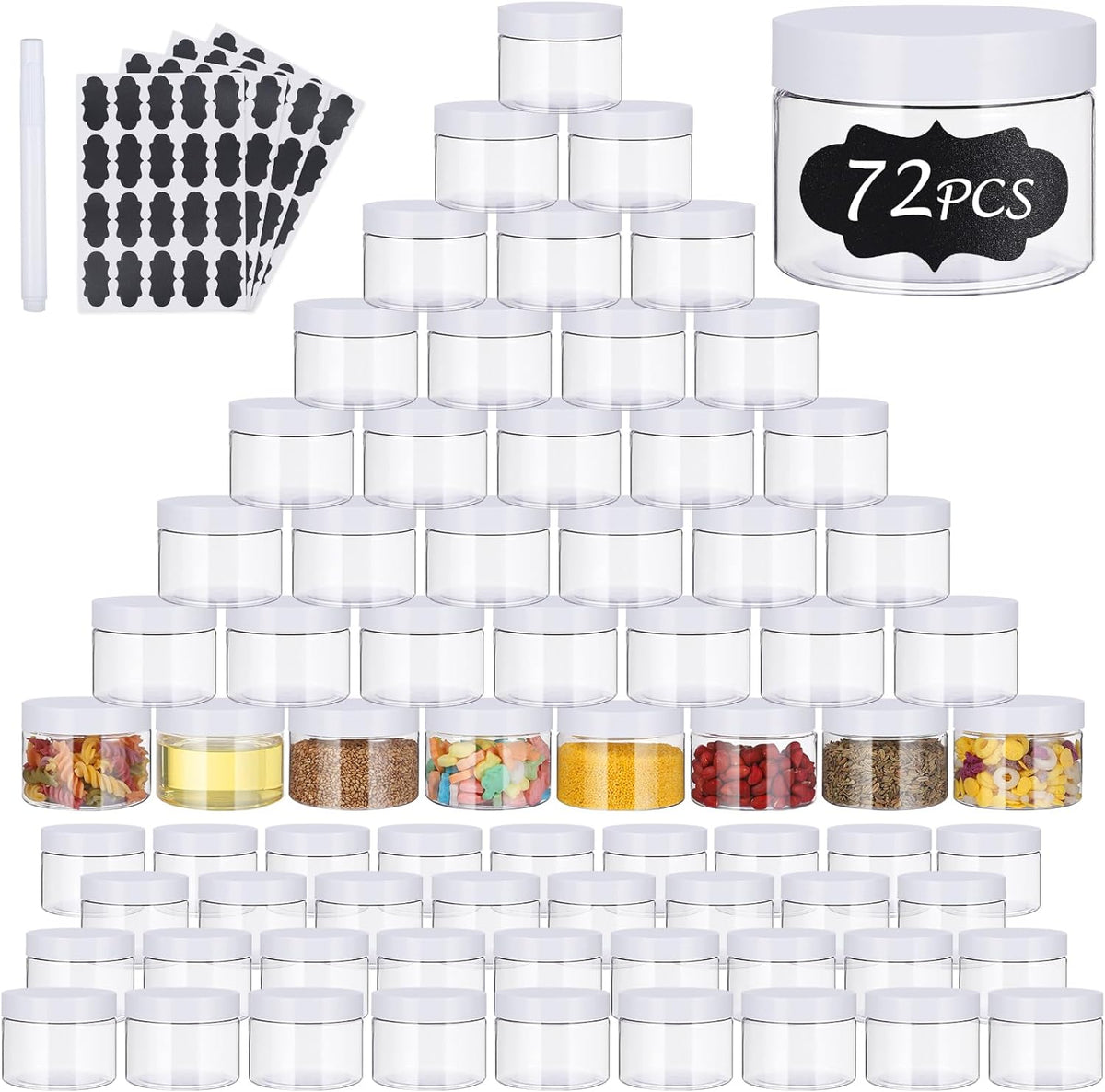 72 PCS 4 OZ Plastic Jars with Screw On Lids,Labels Refillable Empty Round Slime Containers for Storing Dry Food, Honey Jam, Cream, Butter, Lotion, White