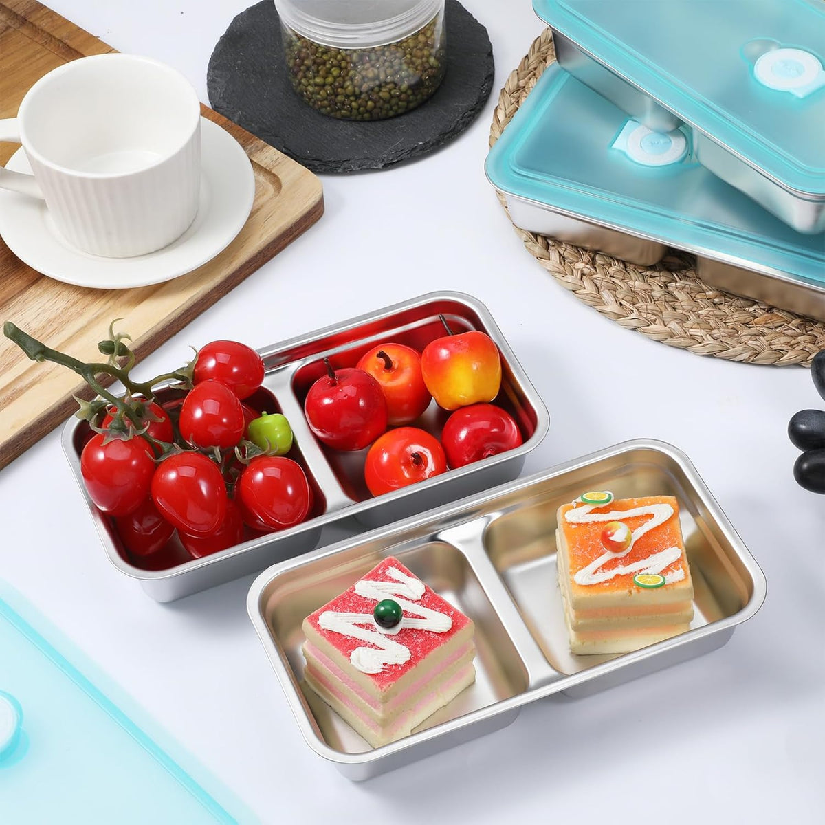 Stainless Steel Snack Containers with Lids, 6 Pcs Double Compartment Lunch Box Reusable Leakproof Condiment Box Dishwasher Safe for Travel Camping and Meal Prep