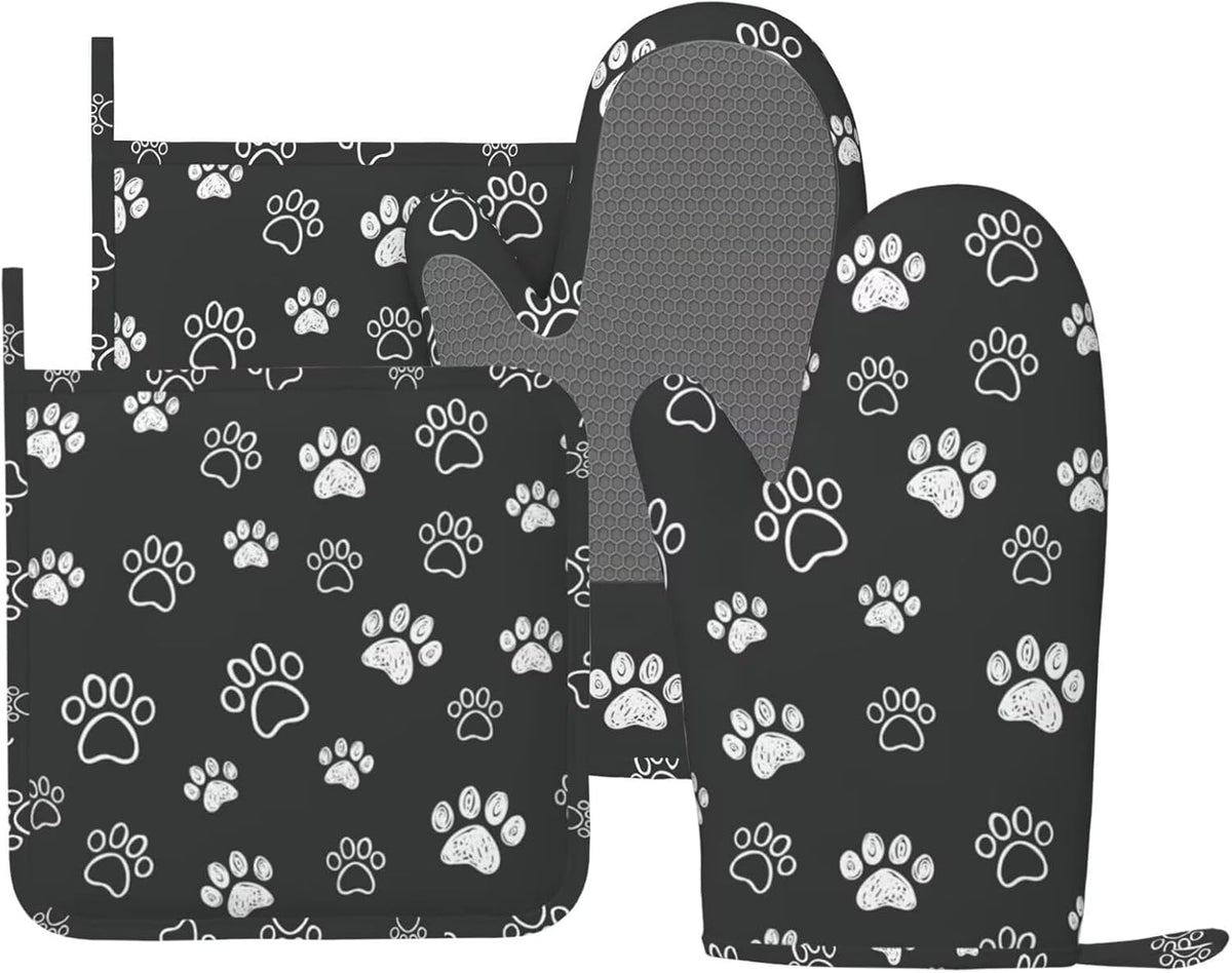 Dog Paw Print Oven Mitts and Pot Holders Set of 4 Silicone Black White Dog Paw Print Kitchen Mitten Gloves and Non-Slip Potholders Set Heat Resistant Oven Gloves Hot Holders for Kitchen