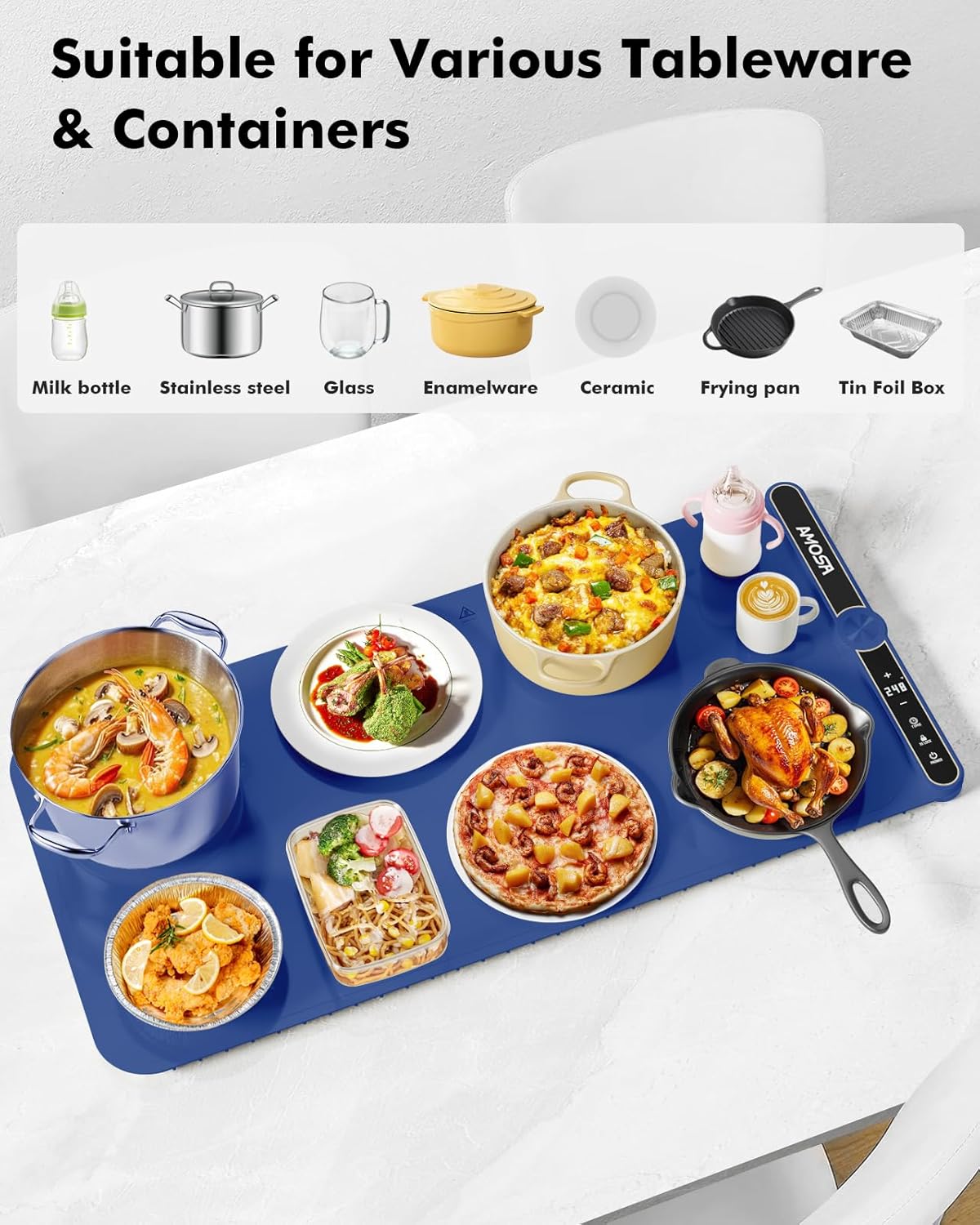 Warming Mat for Food, Fast Heating Electric Food Warmer with 9 Level Temperature and 6 Hours Timer, Extra Large Roll Up Silicone Food Warming Mat, Portable Warming Trays for Buffets Party (Blue)
