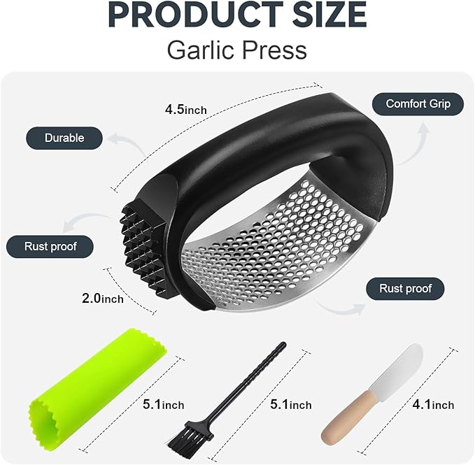 2 Pack Garlic Press Rocker Set – Innovative Stainless Steel Garlic Mincer & Crusher with 2 Peelers, 2 Scrapers, and 2 Brushes for Effortless Garlic Prep | Complete Garlic Tool Kit (GREEN)