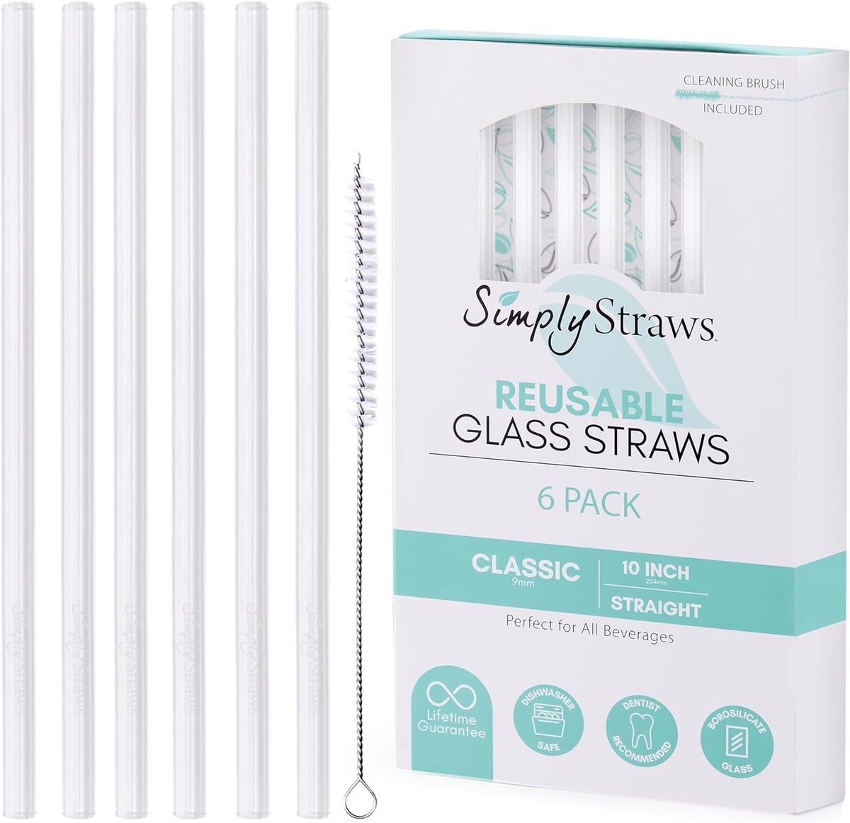 Simply Straws 10 Inch Glass Straws Straight (6-Pack) – Reusable Glass Straws for 24 Oz Mason Jars & Tumblers, with Cleaning Brush – Durable, Dishwasher Safe, Hot & Cold Use, BPA-Free (Air)