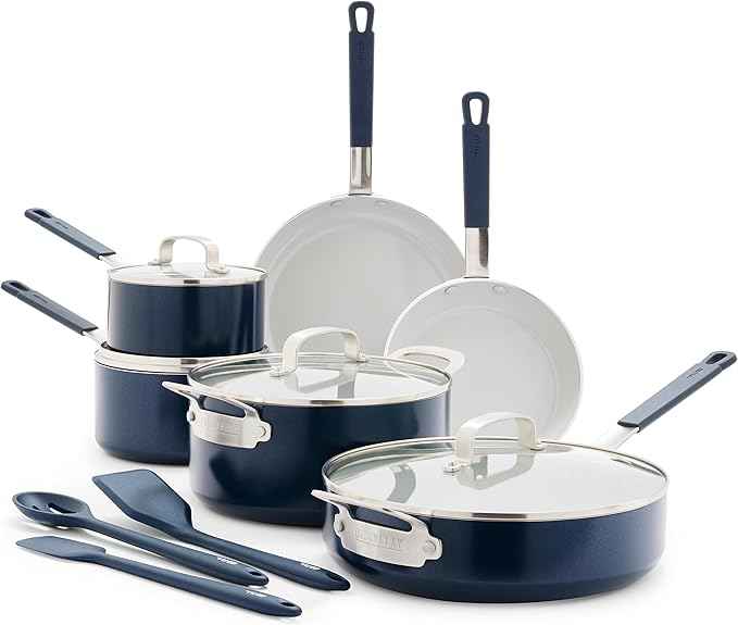 GreenPan x Bobby Flay 13 Piece Nonstick Cookware Pots and Pans Set, PFAS-Free Diamond Ceramic, Induction Suitable, Easy Clean Dishwasher & Oven Safe, Stay-Cool Silicone Handles, Glass Lids, Navy Blue