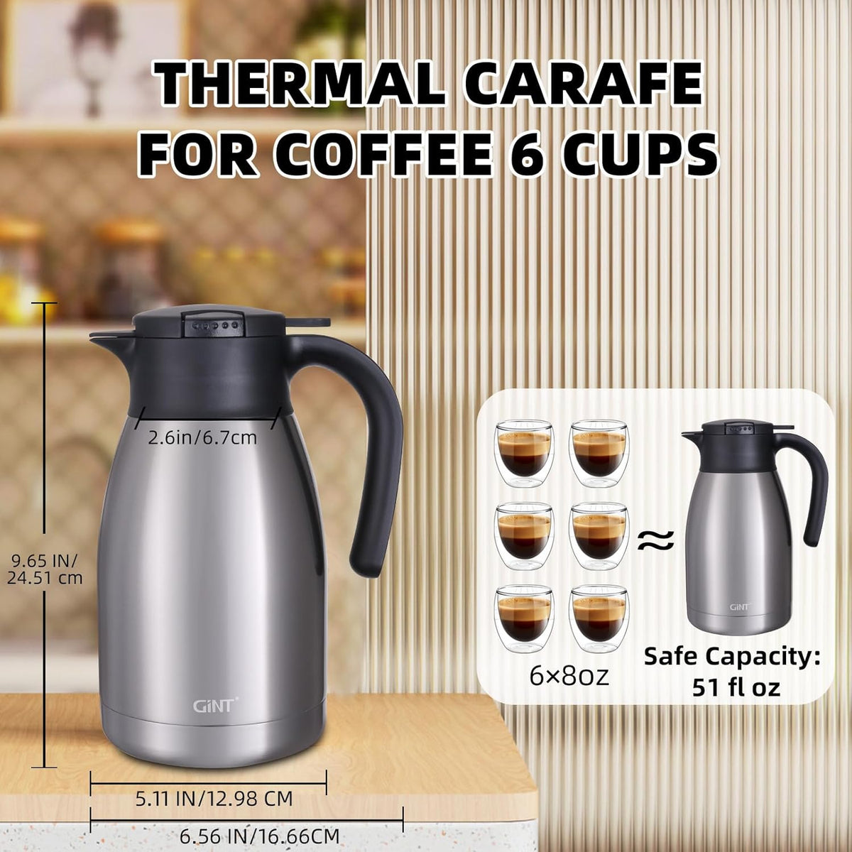 GiNT 51Oz Stainless Steel Thermal Coffee Carafe with Lid/Double Walled Vacuum Thermal Carafe / 12 Hour Heat Retention (Silver, 1.5L)