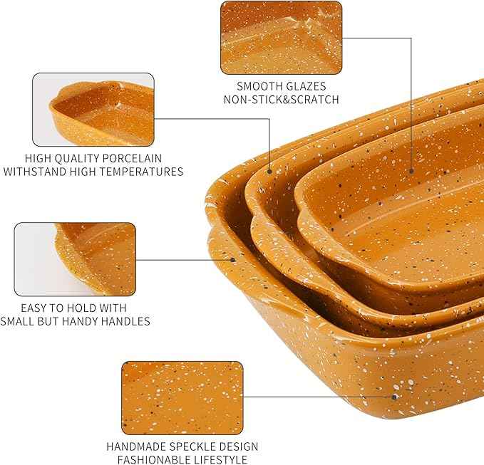 Ceramic Baking Dish Set of 3, Casserole for Oven,Rectangular Bakeware Dishes with Handles,Lasagna Pan Deep,Handcraft Speckle Stoneware Series (13.8''/12''/9.6''Orange)