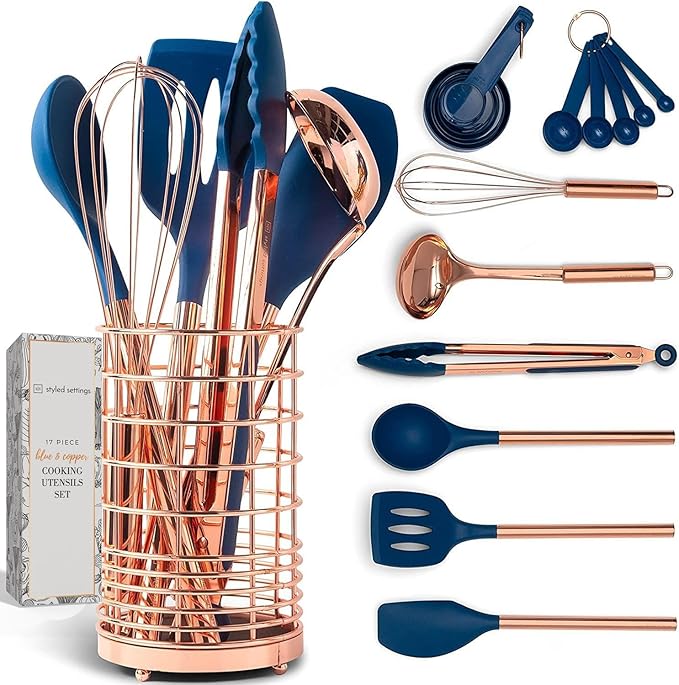 Copper and Blue Silicone Cooking Utensils Set - 17-Piece Set with Copper Utensil Holder and Measuring Cups and Spoons for Stylish Cooking and Baking - Blue Kitchen Decor, Unique Kitchen Gifts