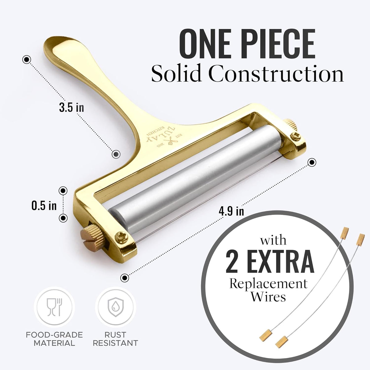 Zulay Cheese Slicer With Adjustable Thickness – Heavy Duty Block Slicer with 2 Extra Wires – Ideal for Mozzarella, Cheddar, Gouda (Gold)