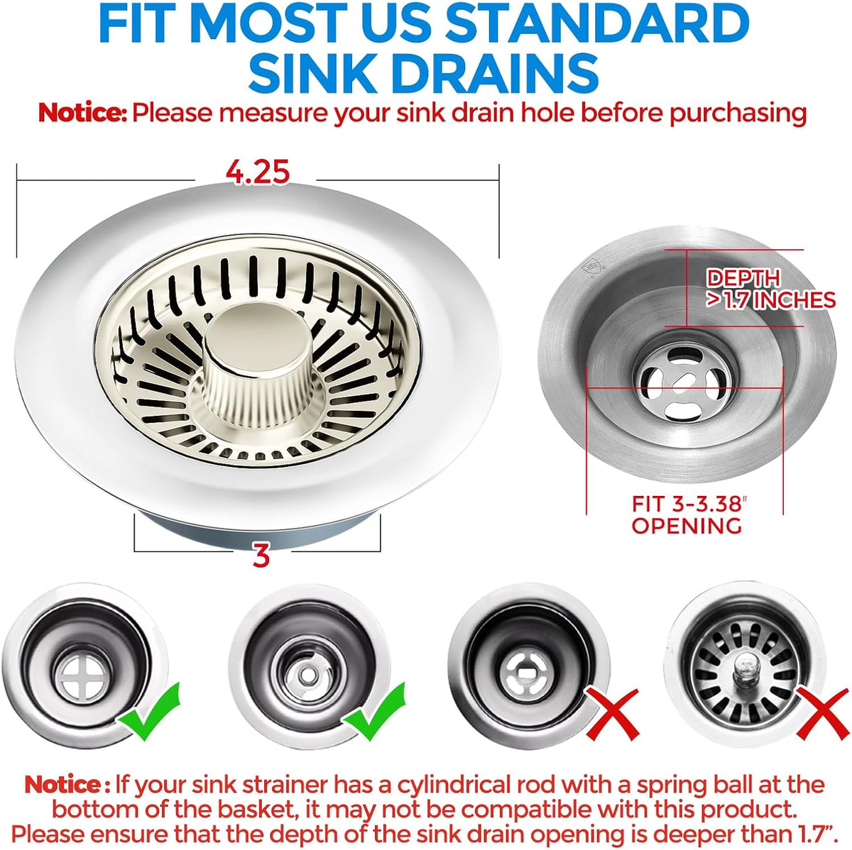 zaa Kitchen Sink Drain Strainer - Kitchen Sink Stopper, 304 Stainless Steel Sink Drain Stopper, Sink Protector for Kitchen with Anti-Clog Filter, Fit US Standard 3-1/2'' Sink Drain Hole, Nickel