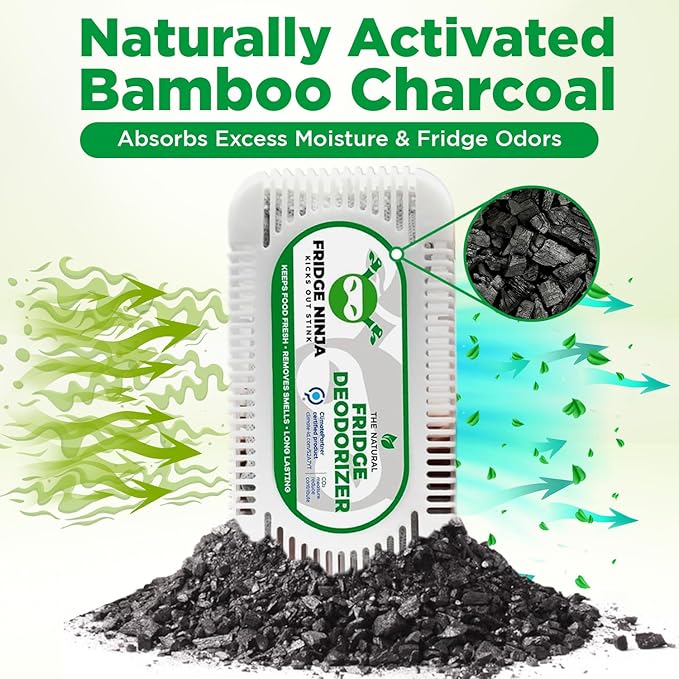 Fridge Ninja Fridge Deodorizer (4 Pack) - More Effective Than Baking Soda - Natural and Unscented Activated Charcoal Refrigerator Deodorizer and Odor Eliminator for Freezers, Coolers, and Lunch Boxes