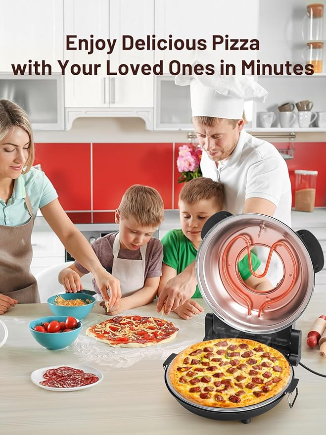Electric Pizza Oven Indoor with Glazed Ceramic Stone, 12-Inch Portable Countertop Pizza Maker with Adjustable Timer, 1200W Heat up to 800°F Pizza Maker with Viewing Window for Home DIY Pizza