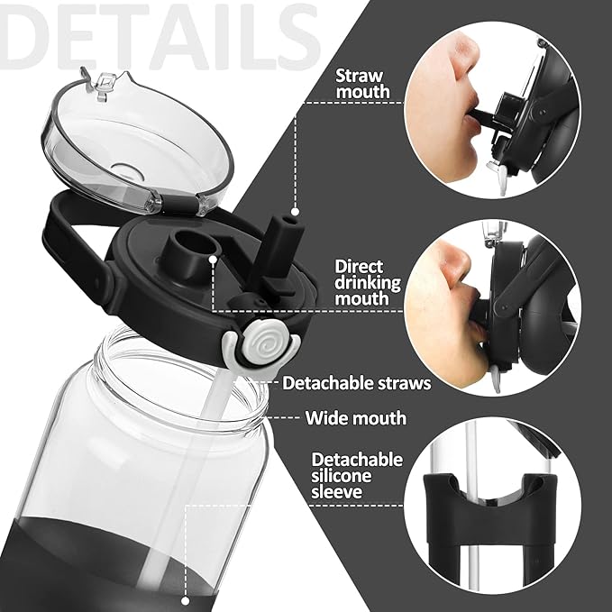 BLUEGO 64oz Glass Water Bottles with Straw Time Marker Half Gallon Large Motivational Water Bottle with Silicone Sleeve 2 Liter Large Glass Water Jug Daily, Black