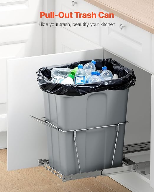 VEVOR Pullout Trash Can for Kitchen Cabinets, 35 QT Garbage Waste Recycling Bin, Under Mount Waste Container, with Heavy Duty Metal Full Extension Sliding System and Handle, for Sink, Under Counter