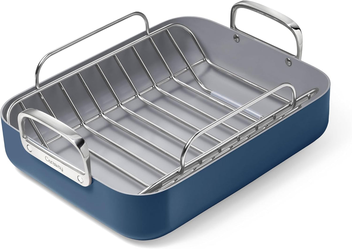 Caraway Roasting Pan - 16x13” Roasting Pan with Rack - Non-Stick Ceramic Coated - Non Toxic, PTFE & PFOA Free - Oven Safe & Compatible with All Stovetops - Navy