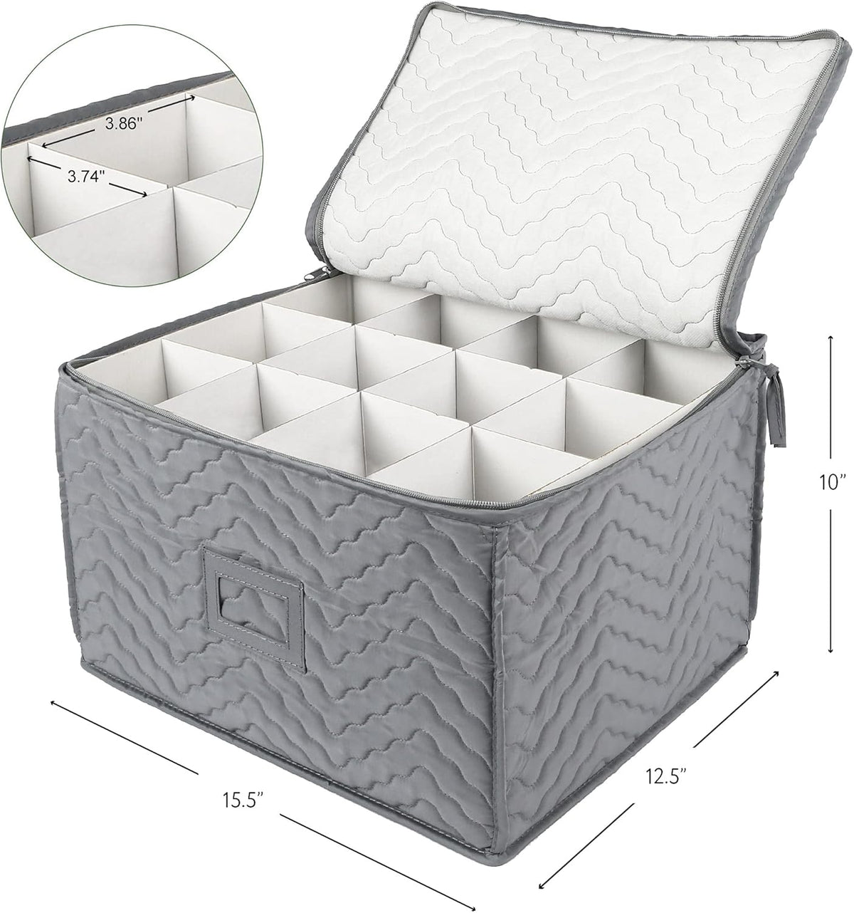 LotFancy Stemware Storage Containers, 2-Pack, Deluxe Quilted Storage Case with Dividers for 24 - Wine Glasses, Champagne Flutes, Glassware, Drinkware Storage Box Chest, 15.5”x12.5”x 10”, Gray