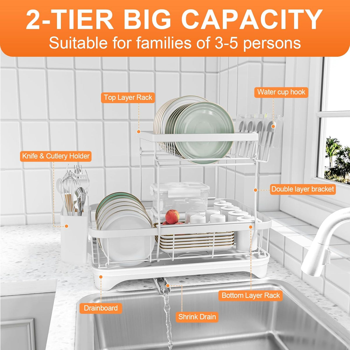 Dish Drying Rack - Auto Draining Dish Rack for Kitchen Counter, Large Capacity Dish Drainers Organizer with Drainboard, 2-Tier Drying Rack with Utensil Holder White