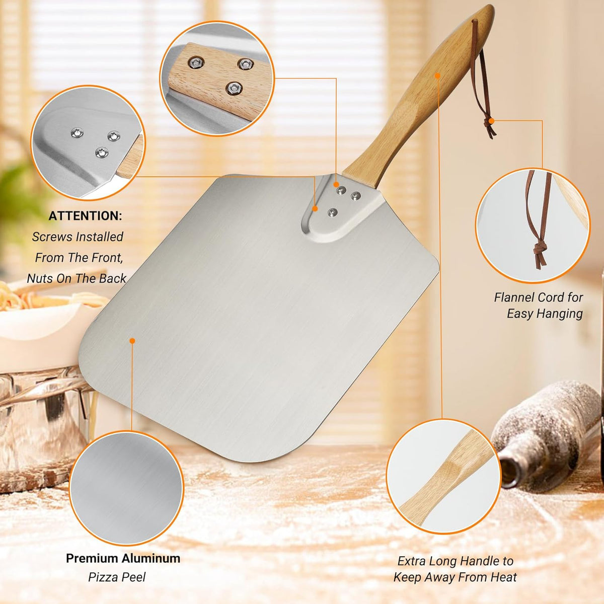 Skyflame Kitchen Supply Aluminum Pizza Peel with Wooden Handle 14-Inch x 16-Inch, Large Pizza Paddle for Baking Homemade Pizza Bread