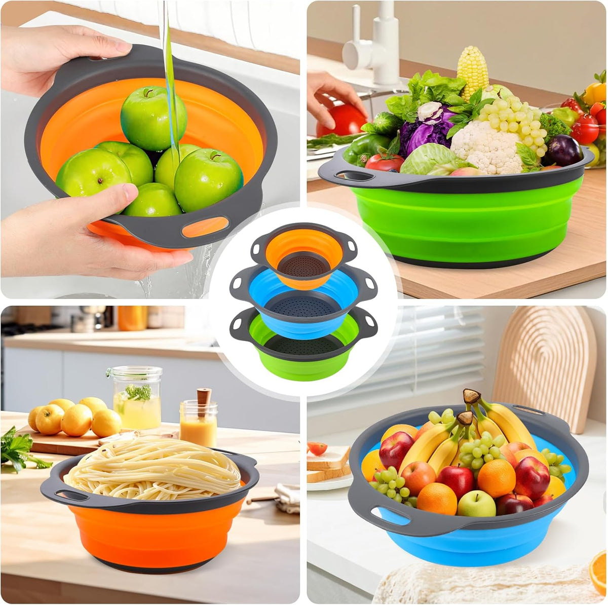 Tri-Color Silicone Collapsible Colander Set (3Pcs 2/4/6 QT) - Space Saving Foldable Strainers with Non-Slip Base for Pasta, Veggies & Camping, Dishwasher Safe Instant Fold Kitchen Gadget