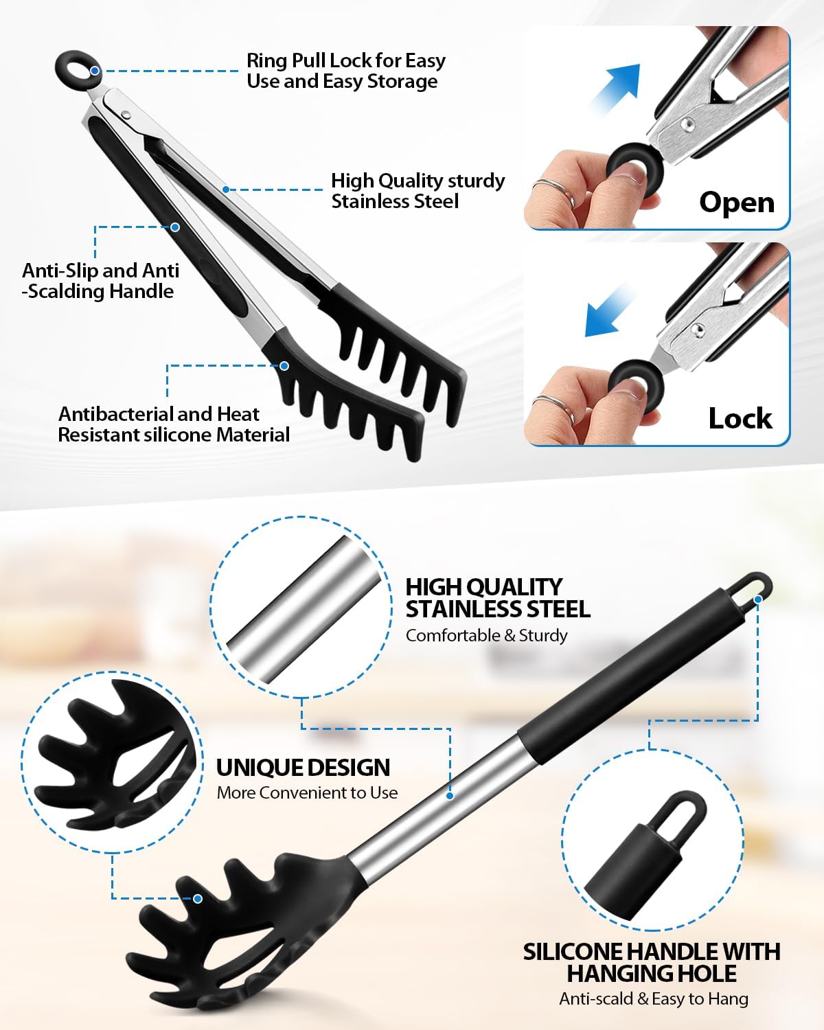 Spaghetti Spoon and Pasta Tong, Non-stick Silicone Spoon Server Fork with teeth and Stainless Steel Handle Spaghetti Tong, Food Clip for Spaghetti Noodle (BLACK)