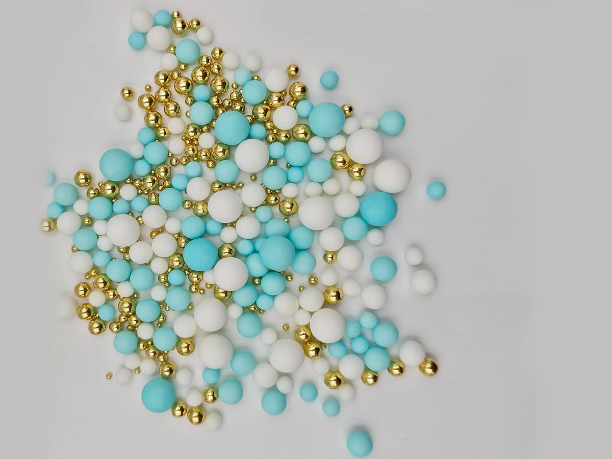 Mixed Edible Pearl Sugar Sprinkles, 4.6 oz Candy Pearls Ideal for Baking, Cake and Cupcake Toppers, Cookie Decoration, Ice Cream Topping (Blue&White&Gold)