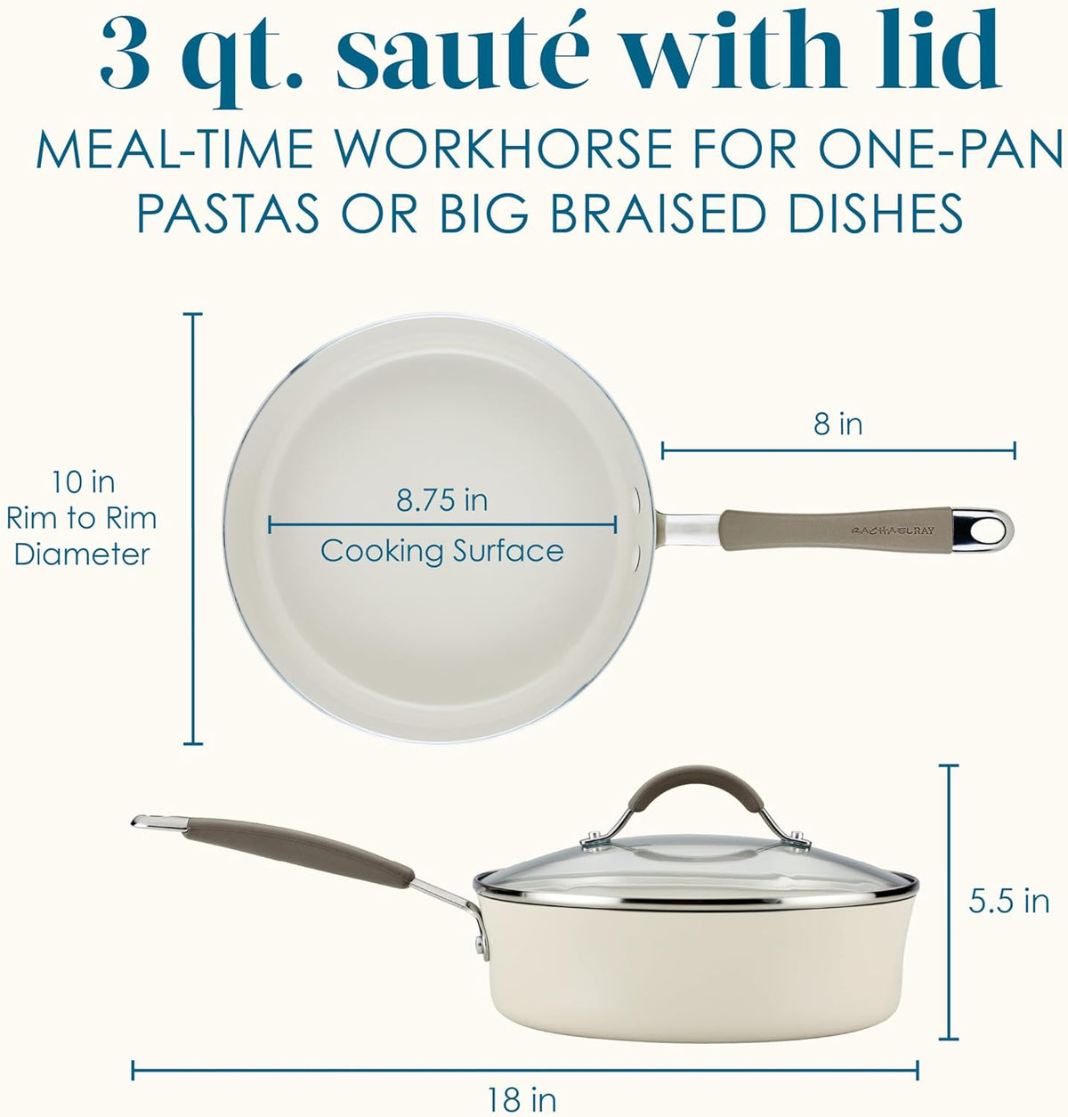 Rachael Ray Cucina Ceramic Nonstick Saute Pan with Lid, 3 Quart Non Stick Sauteuse Pan, Dishwasher Safe - Almond
