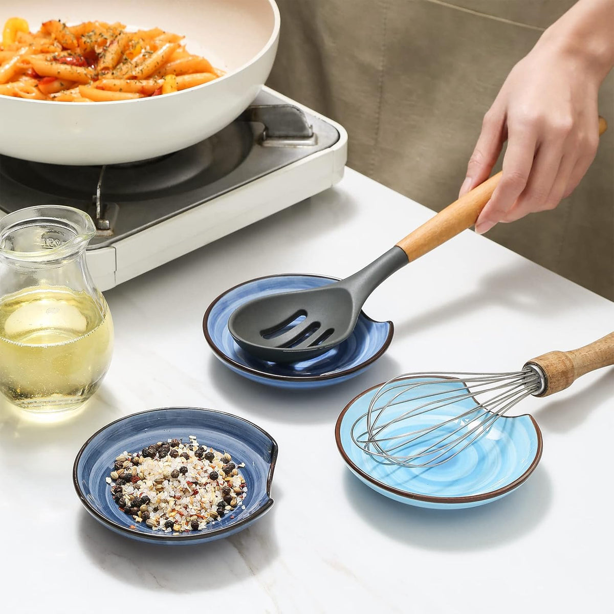 Selamica Ceramic Spoon Rest for Stove Top, 4.6 Inch Cooking Spoon Holder for Kitchen Counter, Stackable Utensil Rest Holder for Spatula, Ladles, Tong, Coffee Spoon, Set of 4, Gradient Blue