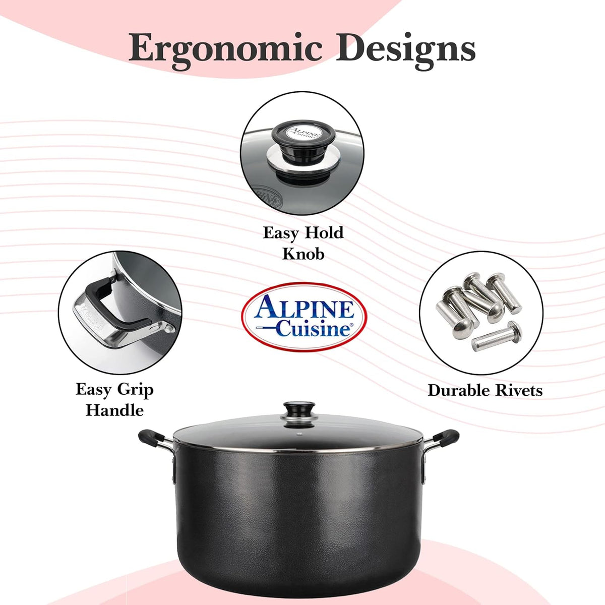 Alpine Cuisine 38 Quart Non-stick Stock Pot with Tempered Glass Lid and Carrying Handles, Multi-Purpose Cookware Aluminum Dutch Oven for Braising, Boiling, Stewing