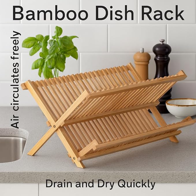 HIC Kitchen Bamboo Folding Dish Drying Rack, 20.5 x 13-Inches