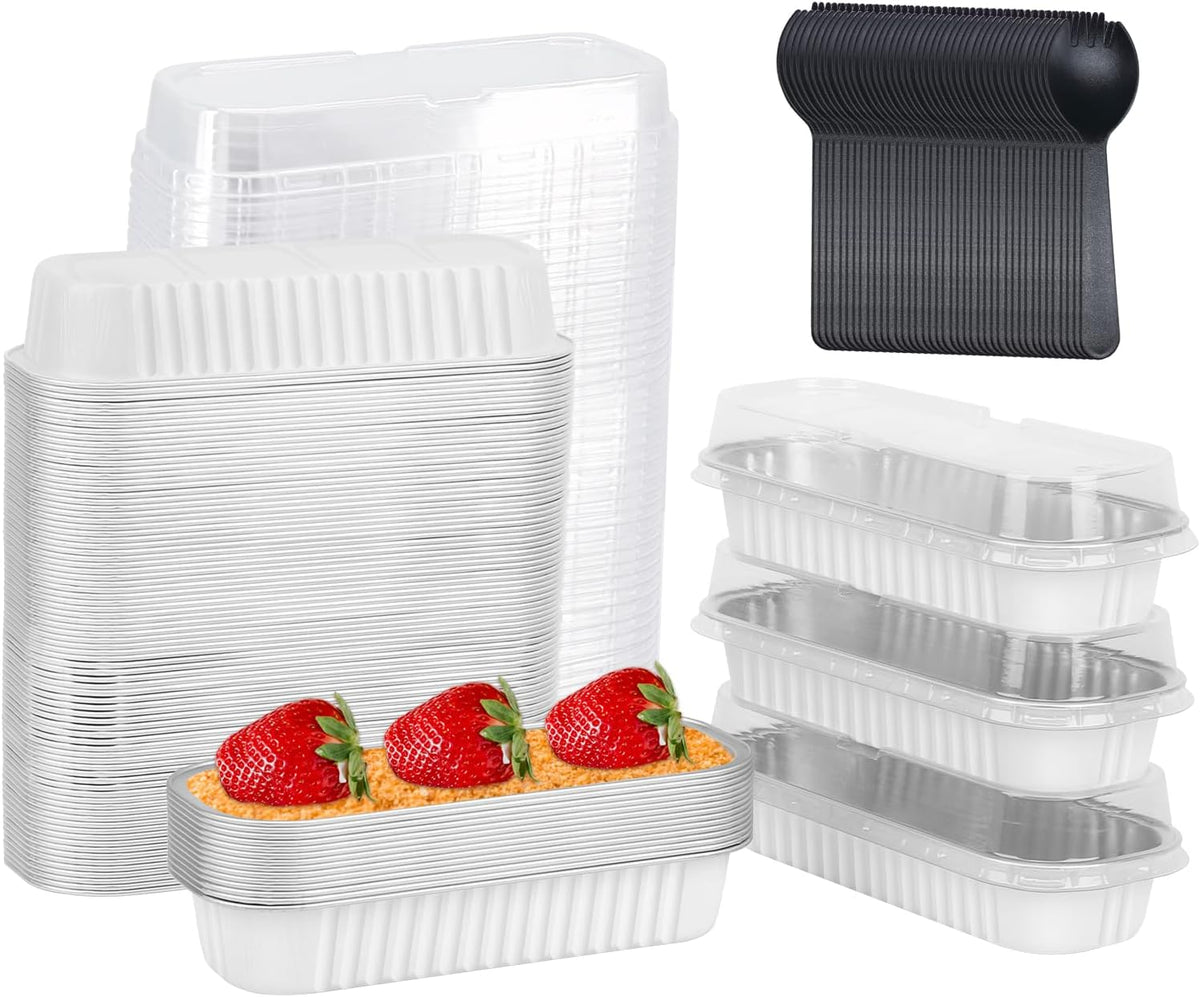 LNYZQUS Mini Loaf Pans with Lids 100 Pack, 6.8oz Mini Cake Pans Rectangle Aluminum Foil Baking Tins Containers,Disposable Small Cake Baking Pan Cupcake Baking Cups Muffin Tins-White