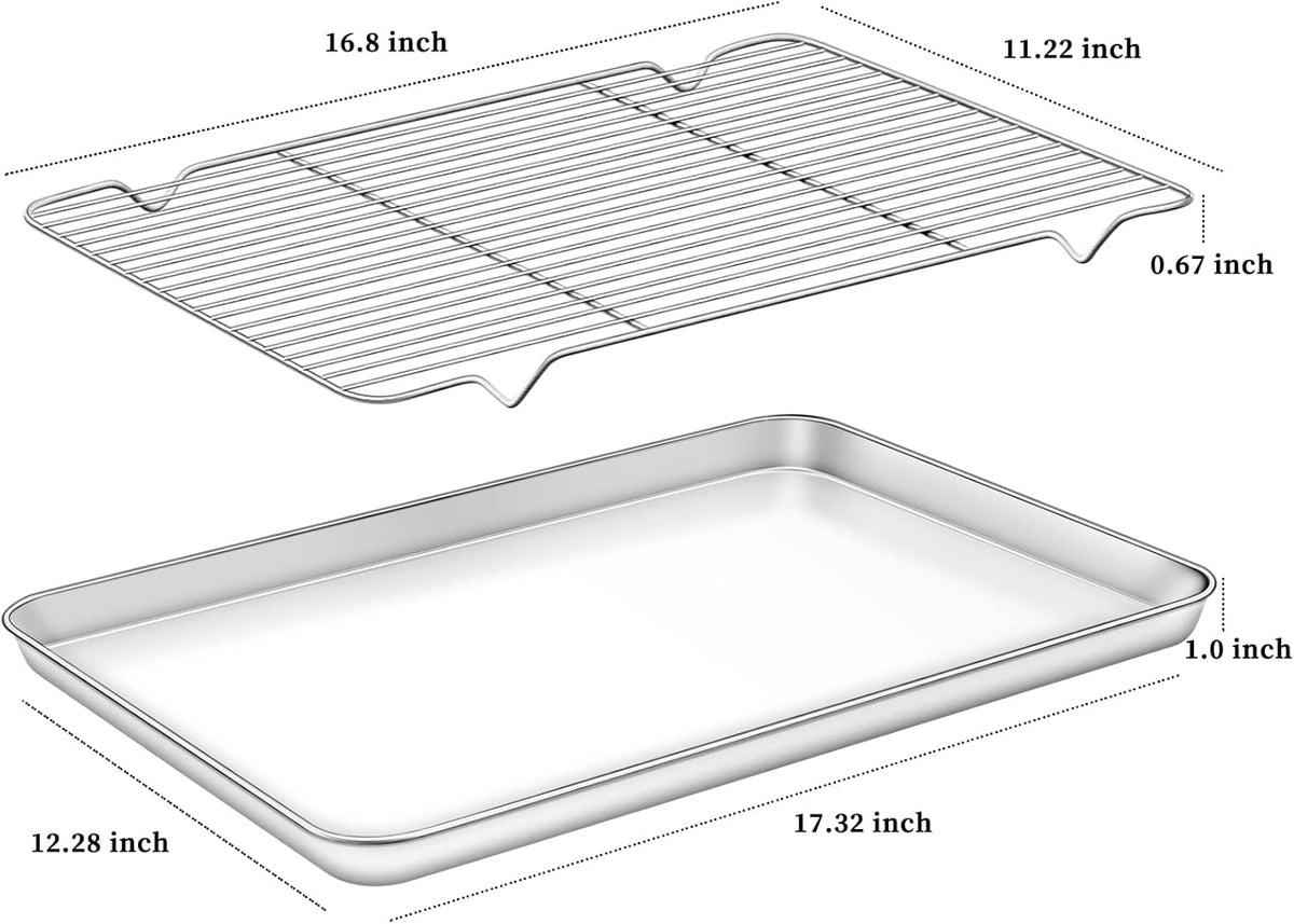 Deedro Baking Sheet with Rack Set [2 Sheets + 2 Racks], Stainless Steel Cookie Half Sheets Baking Pan Oven Tray with Cooling Rack, 17.32 x 12.28 x 1 Inch, Heavy Duty, Non-toxic, Easy Clean