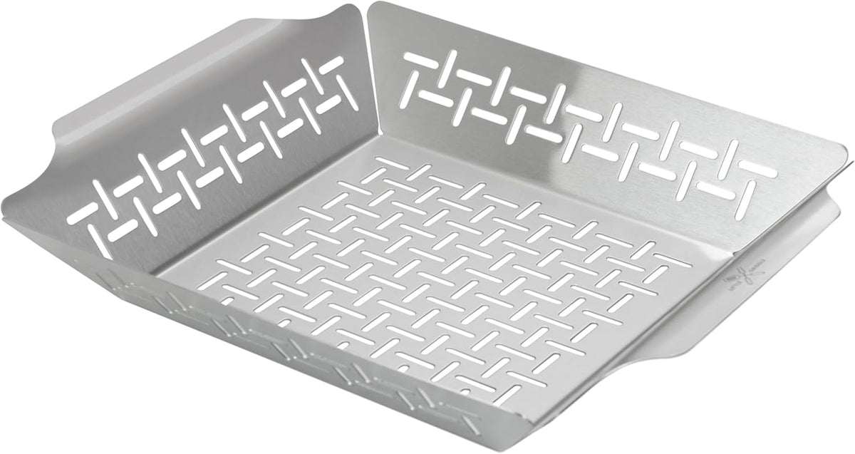 LITTLE GRIDDLE - GT-135 Grill Basket, High sidewalls with built-in handles, Heavy Duty, Stainless Steel Material and Vented Design, Durable and Easy to Clean - Silver