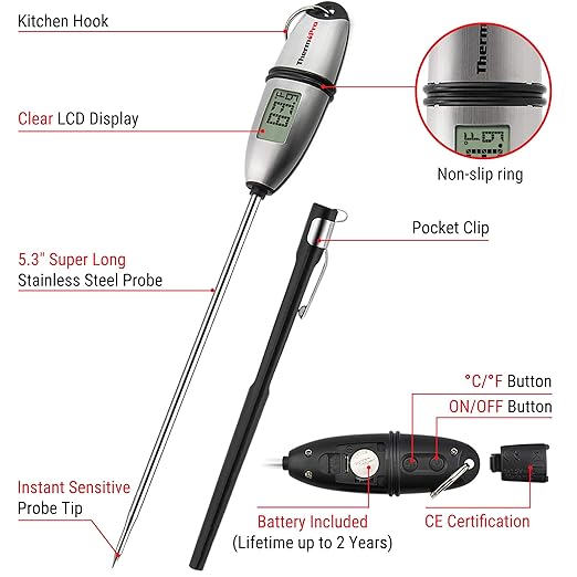 ThermoPro TP02S Digital Food Thermometer for Cooking Bread Baking Sourdough Liquids, Meat Thermometer Digital with Super Long Probe for Grill Kitchen BBQ Oil Milk Yogurt Candy Making Accessory