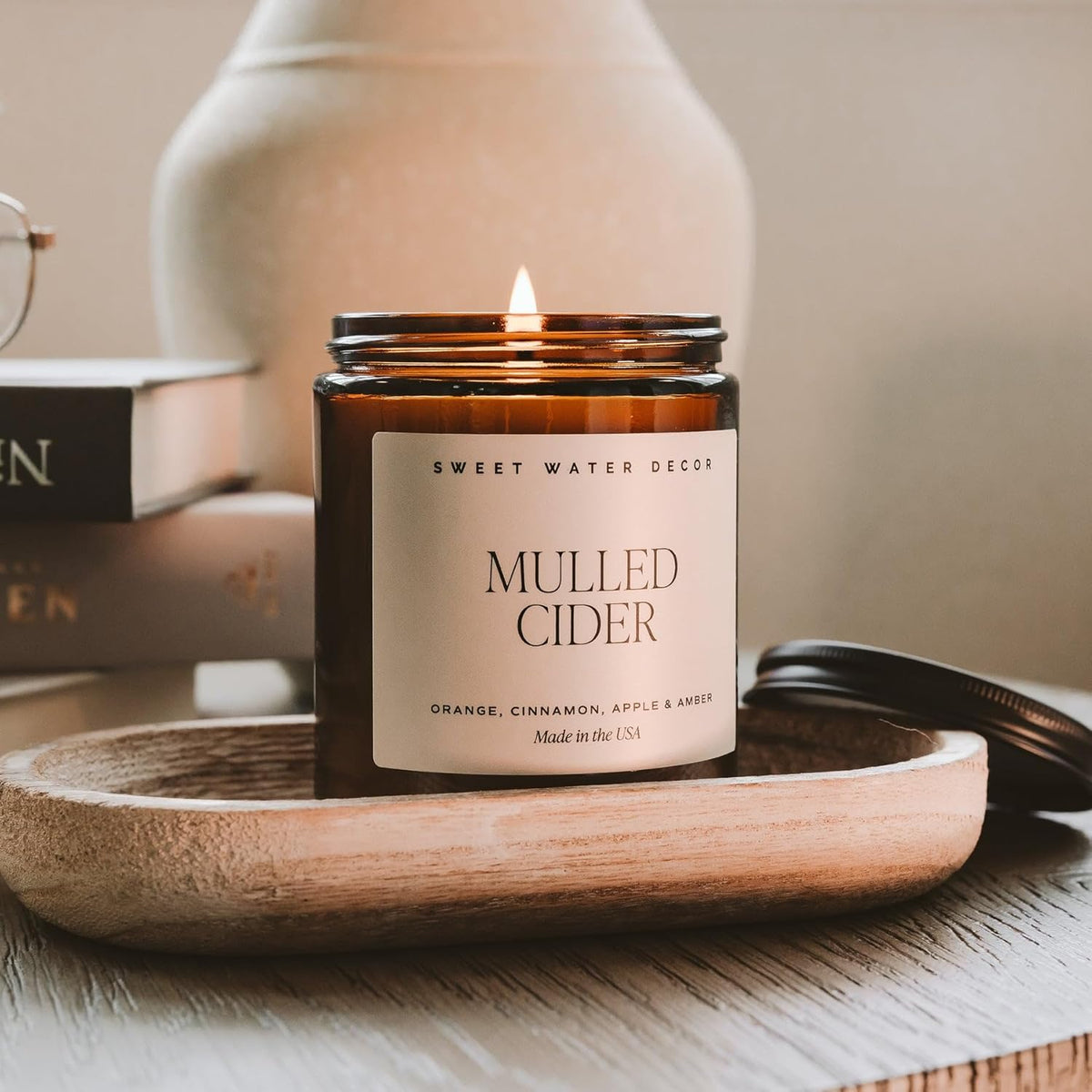 Sweet Water Decor Mulled Cider Candle - Fall Candles with Orange, Cinnamon, Apple, and Amber Scent for Home - Fall Soy Candle with 40 Hours Burn Time - 9Oz Black Lid Amber Jar Mulled Cider Scents