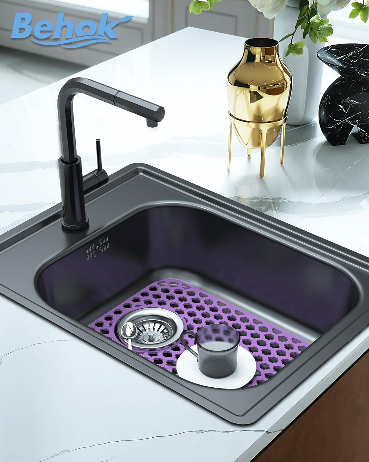 2 Pack Silicone Sink Protector for Kitchen Sink Bathroom, 13.58" x 11.6" Heat-resistant Sink Mat Non-Slip and Durable Silicone Protectors, Rear Drain (Purple)