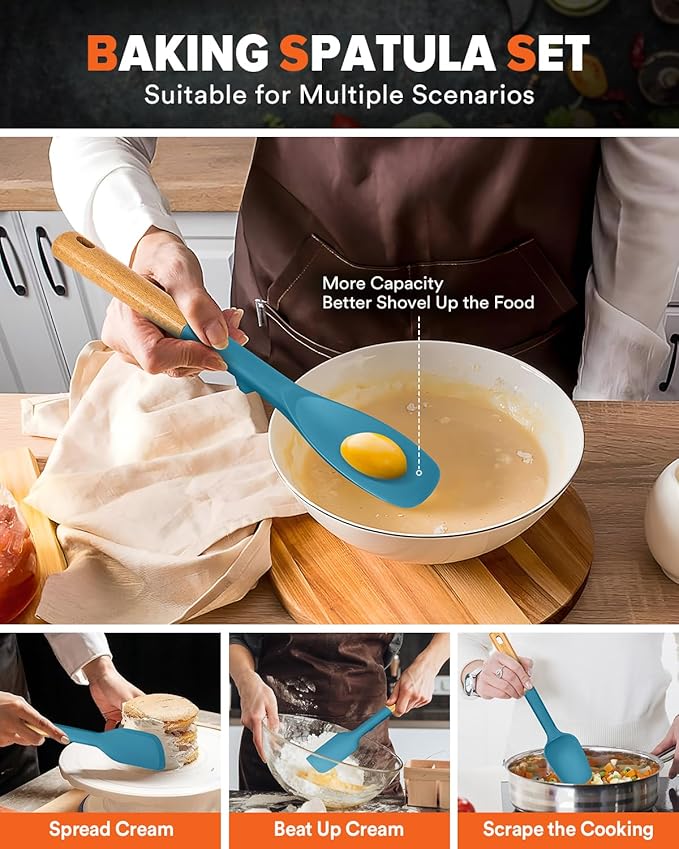Silicone Spatula Spoon Set, Great for Mixing, Folding, Scraping, and Spreading, Sturdy BPA-Free Matte Silicone, Wooden Handle Rubber Spoonula for Nonstick Cookwares,4 Pack (BLUE)